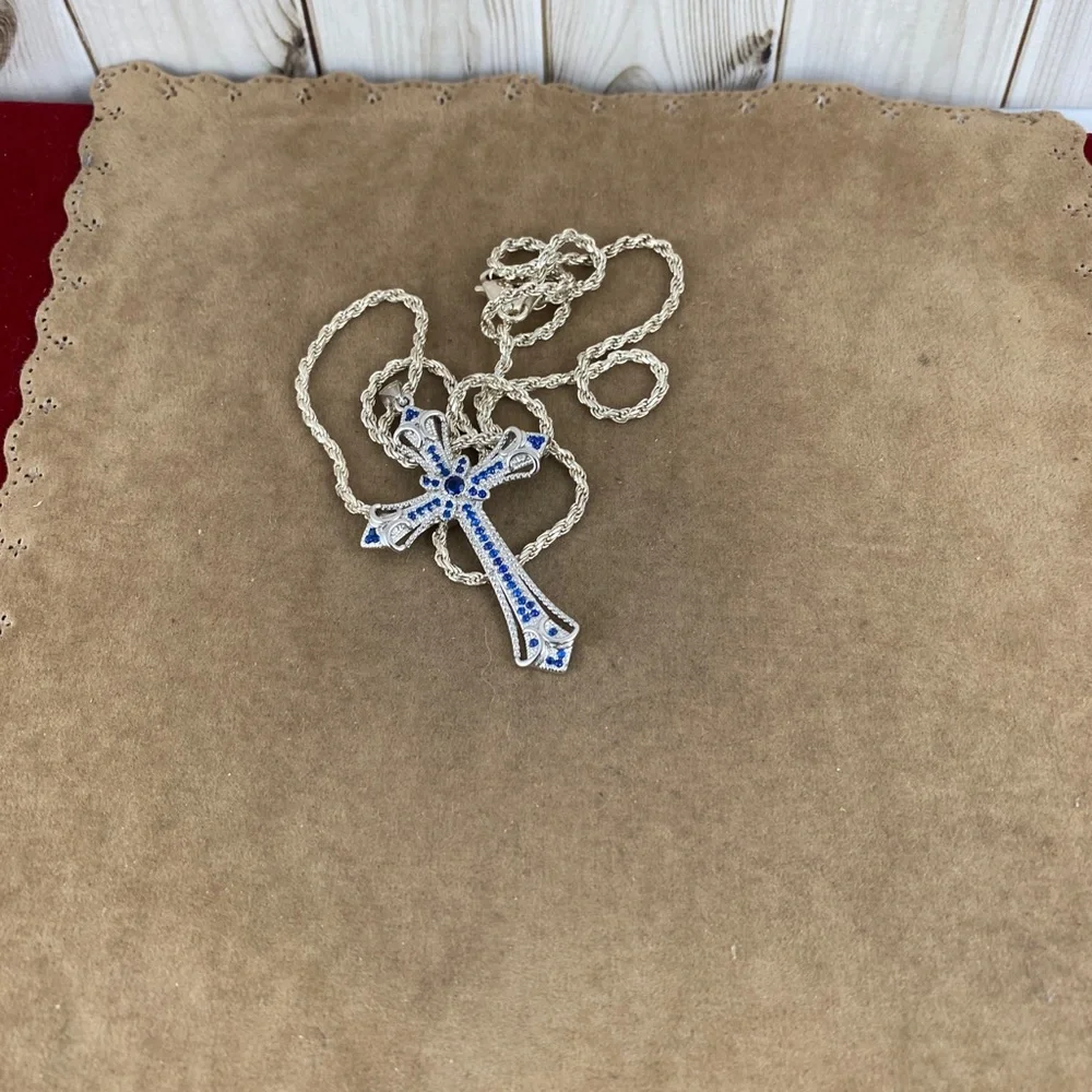 Sold Blue Sapphires 925 Silver Cross - Picture 4 of 10
